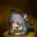  animal_ears blurry brown_background capelet grey_hair head_rest leg_up long_sleeves looking_at_viewer lying machi_no_dakashiya minigirl mouse_ears mouse_tail mousetrap nazrin on_stomach parted_lips red_eyes short_hair skirt solo sweat tail touhou vest 