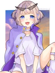  1girl blonde_hair border choker highres hololive hololive_dev_is jacket jacket_on_shoulders kuromame_x3 leg_warmers looking_at_viewer open_mouth outside_border purple_choker purple_hair purple_jacket shirt short_hair short_sleeves shorts solo sunglasses todoroki_hajime todoroki_hajime_(1st_costume) twitter_username two_side_up violet_eyes virtual_youtuber white_border white_leg_warmers white_shirt white_shorts 