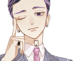  1boy closed_mouth dress_shirt earrings eyelashes haitani_ran jacket jewelry looking_at_viewer male_focus mog_ky necktie one_eye_closed purple_necktie ring shirt short_hair simple_background solo suit_jacket tokyo_revengers twitter_username violet_eyes white_background white_shirt 