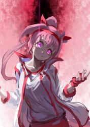  1girl animal_ears bow buruma ear_bow ear_covers fingerless_gloves flower-shaped_pupils flower_in_eye gloves glowing glowing_eyes haru_urara_(bestest_prize)_(umamusume) haru_urara_(umamusume) headband highres horse_ears horse_girl inishie_kumo jacket long_hair pink_buruma pink_hair pink_headband ponytail red_buruma red_gloves red_headband shirt smile solo symbol-shaped_pupils symbol_in_eye umamusume white_jacket white_shirt 