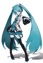 1girl absurdres aqua_eyes aqua_hair black_skirt black_sleeves blue_necktie boots closed_mouth commentary detached_sleeves full_body ghost_cat_0w0 grey_shirt hair_ornament hatsune_miku headset highres long_hair long_sleeves looking_at_viewer miniskirt nail_polish necktie pleated_skirt shirt simple_background skirt sleeveless sleeveless_shirt solo standing thigh-highs thigh_boots twintails untranslatable_commentary very_long_hair vocaloid white_background zettai_ryouiki 