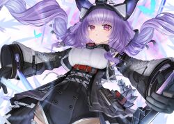  1girl absurdres arknights arknights:_endfield bare_shoulders black_bow black_gloves black_overskirt bow breasts commentary_request demon_horns detached_sleeves framed_breasts gloves hair_bow hairband highres horns long_sleeves looking_at_viewer low_twintails mercury_63 overskirt pink_eyes purple_hair tail twintails typhoeus_(arknights) typhon_(arknights) 