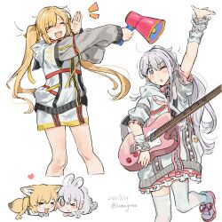 >_< 2girls :3 :d arm_up bang_dream! bang_dream!_yumemita blonde_hair chibi chinese_commentary commentary_request cropped_legs grey_hair guitar hair_between_eyes hand_up highres holding holding_guitar holding_instrument holding_megaphone hood hood_down hooded_jacket instrument jacket kemonomimi_mode long_hair long_sleeves megaphone miyanaga_nonoka miyanaga_nonoka_(real) multiple_girls multiple_views nakamachi_arale nakamachi_arale_(real) notice_lines open_mouth outstretched_arm simple_background smile standing thigh-highs twintails white_background white_jacket white_thighhighs xd yuu_(yuul0716) 