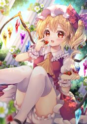  1girl ascot black_shoes blonde_hair bloomers blush bow collared_shirt commentary_request crystal crystal_wings drill_hair fang flandre_scarlet flower flower_request food frilled_shirt_collar frilled_wrist_cuffs frills fruit hat hat_bow highres holding holding_food holding_fruit long_hair looking_at_viewer mary_janes mob_cap multicolored_wings one_side_up open_mouth puffy_short_sleeves puffy_sleeves red_bow red_eyes red_skirt red_vest red_wrist_cuffs shirt shoes short_sleeves skirt skirt_set smile solo strawberry thigh-highs touhou vest white_bloomers white_flower white_hat white_shirt white_thighhighs wings wrist_cuffs yellow_ascot yorarry 