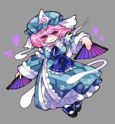  1girl black_shoes blue_hat blue_kimono blush bug butterfly closed_mouth dual_wielding folding_fan frilled_kimono frills grey_background hand_fan harunori_(hrnrx) hat highres hitodama holding holding_fan japanese_clothes kimono long_sleeves looking_at_viewer mob_cap pink_eyes pink_hair purple_butterfly saigyouji_yuyuko shoes simple_background sleeve_garter smile socks solo touhou triangular_headpiece white_socks wide_sleeves 