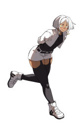  1boy absurdres arms_behind_back black_shirt black_thighhighs blunt_ends colored_eyelashes commentary_request dark_skin freckles highres iu15236376 jacket leaning_forward leg_up looking_at_viewer male_focus original shirt smile solo standing tan thigh-highs trap white_background white_eyelashes white_hair white_jacket yellow_eyes 