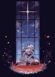  2girls black_hairband commentary_request flower gamo_tako grey_hair hairband holding holding_sword holding_weapon horns hug la_pucelle_(mahoiku) magical_girl mahou_shoujo_ikusei_keikaku multiple_girls petals short_hair snow_white_(mahoiku) sword tail thigh-highs weapon white_flower white_thighhighs window 