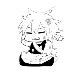  1girl =_= apron back_bow bow buttons chibi chibi_only closed_eyes commentary_request cyu_ta dirty dirty_face greyscale hand_up kirisame_marisa missing_headwear monochrome open_mouth sitting skirt solo touhou vest white_background 