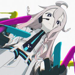  1girl ahoge alternate_costume belt black_belt black_eyes black_necktie braid chromatic_aberration closed_mouth cmyk commentary_request crop_top cropped_shirt cross-shaped_pupils film_grain gradient_hair grey_hair hair_between_eyes hair_ornament highres ia_(vocaloid) jacket long_hair long_sidelocks long_sleeves looking_down midriff multicolored_hair necktie nounai_disco_(vocaloid) off_shoulder official_artist_extra open_clothes open_jacket paint_on_fingers pink_hair r-906 shirt shorts sidelocks simple_background single_braid sleeveless sleeveless_shirt sleeves_past_fingers sleeves_past_wrists solo star-shaped_pupils star_(symbol) striped_belt striped_clothes striped_necktie symbol-shaped_pupils turtleneck very_long_hair vocaloid white_background white_jacket white_shirt white_shorts 