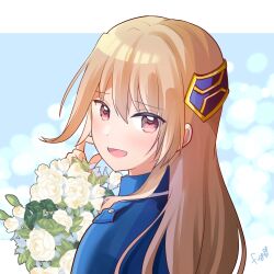  1girl bouquet brown_hair flower flower_request fuyukusa_1 hair_ornament heaven_burns_red highres holding holding_bouquet long_hair looking_at_viewer open_mouth red_eyes scratching_head shirakawa_yuina upper_body white_flower 