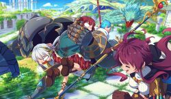  3girls absurdres atelier_(series) atelier_sophie_2 blank_eyes carrying castle dragon fleeing grass highres holding holding_staff leg_armor multiple_girls plachta ramizel_erlenmeyer scenery slime_(creature) sophie_neuenmuller staff stone_pillar suteruko white_hair 