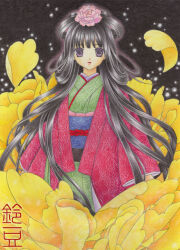  1girl artist_name black_hair blue_sash closed_mouth colored_pencil_(medium) floral_print floral_print_kimono flower green_kimono hair_flower hair_ornament hair_ribbon japanese_clothes kimono layered_kimono long_hair looking_at_viewer obi obiage obijime on_flower original oversized_flower peony_(flower) petals pink_flower print_kimono red_kimono ribbon sash solo standing straight-on suzumame traditional_media very_long_hair violet_eyes yellow_flower yellow_petals 