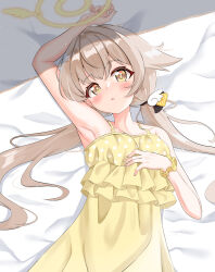  1girl absurdres alternate_costume arm_up armpits bare_shoulders blue_archive blush bow brown_hair collarbone commentary_request dress frilled_dress frills hair_between_eyes hair_bow hair_ornament hair_spread_out halo hand_on_own_chest hand_up head_tilt hifumi_(blue_archive) highres long_hair looking_at_viewer low_twintails lying on_back on_bed parted_lips polka_dot polka_dot_dress scrunchie sleeveless sleeveless_dress solo spaghetti_strap twintails upper_body very_long_hair wing_hair_ornament winged_halo wrist_scrunchie yellow_bow yellow_dress yellow_eyes yellow_halo yellow_pupils yellow_scrunchie yoshino_sakura_(0db5t510388113n) 