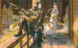  absurdres black_hair chinese_clothes commentary_request dress fur_trim gauntlets grey_hair hanfu highres holding holding_lantern holding_weapon hood hoodie jingran_(wuthering_waves) lantern lluluchwan open_clothes open_hoodie pointy_shoes ribbon weapon white_dress wuthering_waves 