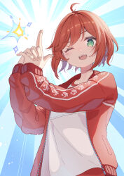  1girl absurdres ahoge aogiri_koukou blue_background blush commentary_request finger_gun gorirasaru440 green_eyes gym_uniform highres ishikari_akari jacket long_sleeves official_alternate_costume one_eye_closed open_clothes open_jacket open_mouth red_hair red_jacket ringed_eyes shirt short_hair solo sunburst sunburst_background track_jacket upper_body v-shaped_eyebrows virtual_youtuber white_shirt 