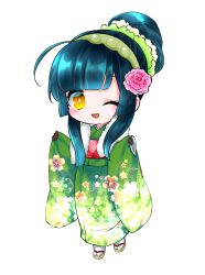  1girl :d ;d absurdres ahoge blue_hair blunt_bangs blunt_sidelocks bright_pupils brown_gloves brown_sandals chibi chibi_only edomura_niniko floral_print floral_print_kimono flower full_body gloves green_hairband green_kimono hair_bun hair_flower hair_ornament hairband hands_up highres japanese_clothes kimono long_sleeves looking_at_viewer obi official_art okobo one_eye_closed open_mouth pink_flower pink_rose platform_sandals print_kimono red_sash rose sandals sash second-party_source short_hair sidelocks simple_background single_hair_bun smile socks solo standing tabi touhoku_zunko transparent_background voiceroid white_pupils white_socks wide_sleeves yellow_eyes 