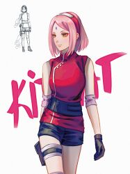  1girl arm_behind_back bare_shoulders black_gloves black_shorts blush breasts closed_mouth commentary doodle_inset facial_mark forehead_mark gloves green_eyes haruno_sakura highres looking_to_the_side naruto:_the_last naruto_(series) pink_hair shirt short_hair shorts sleeveless sleeveless_shirt small_breasts smile untranslatable_commentary vaangoo 