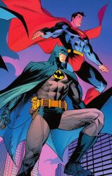  2boys bat_mask batman batman_(series) batman_symbol belt black_hair blue_bodysuit blue_cape bodysuit bug cape clark_kent dan_mora dc_comics fly grey_bodysuit highres male_focus multiple_boys muscular muscular_male red_cape short_hair superhero_costume superman superman_(series) superman_logo utility_belt 