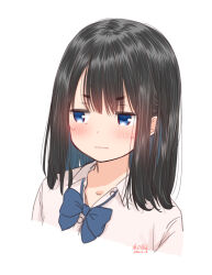  1girl artist_name black_hair blue_bow blue_bowtie blue_eyes blue_hair blush bow bowtie closed_mouth collarbone collared_shirt colored_inner_hair cropped_torso dated dress_shirt embarrassed frown hair_between_eyes jitome looking_to_the_side medium_hair multicolored_hair original portrait retsumaru school_uniform shirt sidelocks signature simple_background solo two-tone_hair upper_body v-shaped_eyebrows wavy_mouth white_background white_shirt 