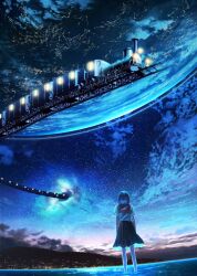  1girl apuchi_tochi arms_at_sides black_skirt city_lights clouds cloudy_sky commentary_request dusk facing_away flying_train gradient_sky highres locomotive original outdoors planet sailor_collar scenery school_uniform serafuku skirt sky solo standing star_(sky) starry_sky train water 