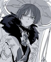  1boy bishounen blunt_ends coat commentary_request e_ung2 fatui_coat from_below fur-trimmed_coat fur_trim genshin_impact glaring greyscale hat japanese_clothes jingasa kimono korean_commentary lapels looking_at_viewer male_focus monochrome open_clothes open_coat parted_lips portrait scaramouche_(genshin_impact) scaramouche_(harbinger)_(genshin_impact) shaded_face solo tsurime veil white_background wispy_bangs wolf_cut 