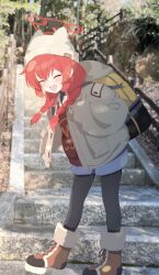  1girl animal_ear_headwear backpack bag beanie black_pantyhose blue_archive blue_shorts braid brown_hat brown_jacket collared_shirt commentary_request day facing_viewer full_body hair_between_eyes halo hat highres holding_strap jacket leaning_forward long_hair long_sleeves maki_(blue_archive) maki_(camp)_(blue_archive) official_alternate_costume official_alternate_hairstyle open_clothes open_jacket open_mouth outdoors pantyhose photo_background red_hair red_halo red_sweater_vest shianorei shirt shorts smile solo stairs standing sweater_vest twin_braids undershirt white_shirt 