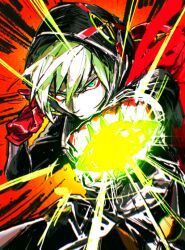  1boy bad_id bad_tumblr_id character_request clenched_hand copyright_request gloves green_eyes green_hair hood hood_up ikapnmn2 long_sleeves looking_at_viewer male_focus punching red_background red_gloves short_hair solo 