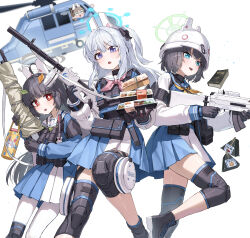  3girls absurdres aircraft animal_ear_headphones animal_ears blue_archive blue_halo blue_serafuku bulletproof_vest commentary_request fake_animal_ears green_halo halo headphones helicopter highres kokukyukeo korean_commentary long_hair looking_at_viewer miyako_(blue_archive) miyu_(blue_archive) moe_(blue_archive) multiple_girls neckerchief open_mouth pink_neckerchief rabbit_ear_headphones rabbit_ears rabbit_platoon_(blue_archive) saki_(blue_archive) school_uniform serafuku tactical_school_uniform violet_eyes white_hair 