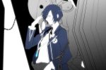  arisato_minato blue_eyes blue_hair chain chains digital_media_player headphones male persona persona_3 school_uniform solo thanatos 