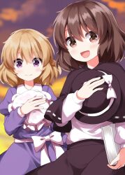  2girls black_hat black_skirt blonde_hair book bow brown_eyes brown_hair closed_mouth collared_dress commentary_request cowboy_shot dress hand_on_own_chest hat hat_bow highres holding holding_book holding_unworn_clothes holding_unworn_hat long_sleeves looking_at_viewer maribel_hearn medium_hair mob_cap multiple_girls open_mouth purple_dress ruu_(tksymkw) shirt shirt_tucked_in skirt smile touhou unworn_hat unworn_headwear usami_renko violet_eyes white_hat white_shirt 
