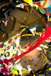  1girl beret black_corset black_hat black_thighhighs blonde_hair blood blood_splatter colorful corset drill_hair gun hat highres light_particles magical_girl magical_musket_(madoka_magica) mahou_shoujo_madoka_magica oda_kogane parted_bangs parted_lips ribbon shade shirt skirt solo sparkle thigh-highs tomoe_mami tomoe_mami_(magical_girl) twin_drills upside-down weapon white_shirt wide-eyed yellow_eyes yellow_ribbon yellow_skirt yellow_trim 