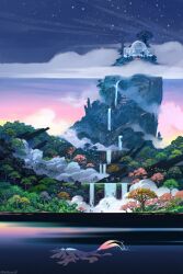  1other architecture artist_name bird building clouds commentary dawn english_commentary fog forest gradient_sky highres merfolk mermaid monster_girl mount namnums nature original outdoors path scenery sky star_(sky) tree water waterfall wide_shot 