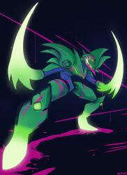 1girl absurdres alternate_costume armor artist_name black_background blade_arm commentary english_commentary green_armor highres m1sterryan metroid metroid_ravenous metroid_suit monsterification power_suit_(metroid) samus_aran science_fiction sharp_teeth shoulder_spikes simple_background solo spiked_armor spikes teeth 