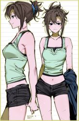  :3 agent_choi black_eyes blue_pupils blush border breasts brown_hair camisole chinese_text claw_hair_clip cowboy_shot crop_top denim denim_shorts from_side genderswap genderswap_(mtf) gwechul hair_ornament hairclip highres holding holding_unworn_clothes holding_unworn_jacket jacket kalecac1 layered_clothes medium_breasts medium_hair micro_shorts midriff multiple_views outline panties panty_peek scar scar_on_arm scar_on_leg scar_on_neck shorts sidelocks simple_background thong thong_panties undershirt underwear unworn_clothes unworn_jacket updo 