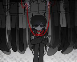  6+boys alternate_costume alternate_sleeve_length alternate_universe antenna_hair bags_under_eyes chromatic_aberration clone closed_mouth collarbone collared_shirt commentary_request crossed_arms crying crying_with_eyes_open elbows_on_knees empty_eyes full_body grey_background greyscale hair_behind_ear hair_between_eyes holding holding_rope kneehighs knees_up light_frown long_sleeves male_focus monochrome multiple_boys multiple_persona no_pupils omori omori_(omori) puffy_long_sleeves puffy_sleeves rope rou_(h_s_sinrin) sad shirt short_hair shorts simple_background sitting socks solo_focus spot_color straight-on strap_slip sunny_(omori) suspender_shorts suspenders swept_bangs tears thigh-highs very_short_hair 