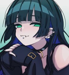  1girl absurdres black_choker black_hair black_nails blunt_bangs bocchi_the_rock! choker close-up collarbone colored_inner_hair commentary ear_piercing english_commentary face_piercing fang fingernails ghuler gradient_background green_hair helix_piercing highres labret_piercing long_hair looking_at_viewer mouth_piercing multicolored_hair nail_polish narrowed_eyes own_hands_together pa-san piercing purple_hair simple_background skin_fang smile solo wrist_belt 