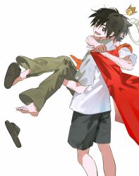  2boys black_eyes black_hair black_shorts bright_pupils cape carrying commentary_request crown false_memory floppy_disk from_behind gold_crown green_pants grey_shirt guan_chao_(false_memory) halo high-visibility_clothing high-visibility_vest high_collar highres longaotian looking_back male_focus mini_crown multiple_boys orange_vest pants princess_carry protagonist_halo red_cape sandals shirt short_sleeves shorts simple_background slides tear_troughs vest white_background white_pupils white_shirt 