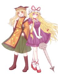  2girls :d absurdres black_hat blonde_hair blush boots bow brown_boots choker closed_mouth closed_umbrella commentary constellation_print detached_sleeves dress full_body green_skirt hair_bow hat hat_ribbon high_heels highres holding holding_umbrella long_hair long_sleeves looking_at_viewer matara_okina mob_cap mochigumo multiple_girls orange_eyes orange_sleeves orange_tabard puffy_short_sleeves puffy_sleeves purple_dress red_bow red_ribbon red_shoes ribbon ribbon_choker shoes short_sleeves skirt sleeve_bow smile socks sun_print tabard touhou umbrella very_long_hair violet_eyes white_hat white_socks wide_sleeves yakumo_yukari 