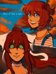 ... 2girls alternate_costume blue_eyes bow brown_hair commentary doki_doki_literature_club english_commentary english_text green_eyes hair_bow highres iamnotverywei long_hair looking_at_viewer medium_hair monika_(doki_doki_literature_club) multiple_girls ponytail redrawn sayori_(doki_doki_literature_club) shirt striped_clothes striped_shirt tearing_up teeth upper_teeth_only white_bow 