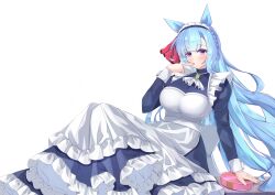  1girl absurdres alternate_costume animal_ears apron blue_dress blue_hair blush box box_of_chocolates braid breasts cela_f chocolate commentary_request crown_braid dress ear_ornament ear_ribbon enmaided frilled_apron frills gift heart-shaped_box highres horse_ears horse_girl juliet_sleeves large_breasts long_hair long_sleeves looking_at_viewer maid maid_apron maid_headdress mejiro_ardan_(umamusume) puffy_sleeves sitting smile solo umamusume valentine violet_eyes white_apron 