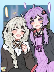  +++ 2girls :d ^_^ absurdres ahoge black_dress black_jacket blank_speech_bubble blue_border blunt_bangs blurry blurry_background blush_stickers border braid closed_eyes commentary_request criss-cross_halter double-parted_bangs dress hair_intakes halterneck hand_up highres hinohari_(user_wzxk7585) jacket kizuna_akari long_hair long_sleeves multiple_girls open_clothes open_jacket open_mouth outside_border purple_dress purple_hair short_hair_with_long_locks smile speech_bubble striped_clothes striped_dress twin_braids upper_body vertical-striped_clothes vertical-striped_dress violet_eyes vocaloid voiceroid white_hair yuzuki_yukari 