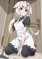  1girl animal_ears bare_arms black_pantyhose brown_eyes commentary door full_body highres holding holding_mop indoors kemono_friends kneeling looking_at_viewer maid maid_headdress mop multicolored_hair pantyhose pig_(kemono_friends) pig_ears pig_girl pig_tail pink_hair puffy_short_sleeves puffy_sleeves short_hair short_sleeves smile solo tail tanabe_(fueisei) two-tone_hair white_hair 
