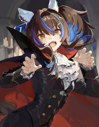  1girl absurdres animal_ears ascot black_cape black_jacket black_pants blue_hair brown_hair cape claw_pose commentary_request daitaku_helios_(umamusume) ear_covers fangs hair_between_eyes hair_ornament hairclip highres horse_ears horse_girl horse_tail jacket long_hair long_sleeves looking_at_viewer multicolored_hair open_mouth pants red_cape shirt side_ponytail solo streaked_hair tail teeth umamusume upper_teeth_only white_ascot yellow_eyes yoojp 