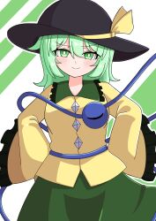  1girl absurdres black_hat blush bow breasts bright_pupils buttons closed_mouth commentary_request contrast_collar cowboy_shot diamond_button disembodied_linked_eye dot_nose eyeball frilled_shirt_collar frilled_sleeves frills green_eyes green_hair green_skirt hair_between_eyes hands_on_own_hips hat hat_bow hat_ribbon highres komeiji_koishi long_sleeves looking_at_viewer medium_hair ribbon shirt skirt sleeves_past_fingers sleeves_past_wrists small_breasts smile solo split_mouth standing touhou white_pupils wide_sleeves yellow_bow yellow_ribbon yellow_shirt you-ten25 