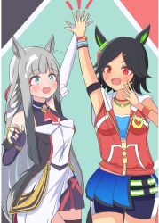  2girls absurdres animal_ears arm_up black_hair blue_eyes blush chrono_genesis_(prismatic_curator)_(umamusume) chrono_genesis_(umamusume) commentary_request detached_sleeves hair_between_eyes hair_ornament hard7v2 highres horse_ears horse_girl long_hair multiple_girls open_clothes red_eyes sleeveless sweatdrop thigh-highs umamusume winning_ticket_(get_to_winning!)_(umamusume) winning_ticket_(umamusume) 
