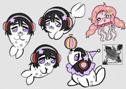  2girls alien_stage ball black_hair glasses hani_(pharmacyofheart) headphones highres jellyfish looking_at_viewer mizi_(alien_stage) multiple_girls pink_hair seal_(animal) short_hair sua_(alien_stage) violet_eyes 