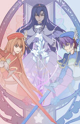  1boy 2girls antenna_hair beret black_hair blue_capelet blue_hat brown_hair capelet chinese_commentary closed_mouth commentary_request crossdressing crossdressing_(mtf) crossed_swords curtained_hair double-parted_bangs dress eiyuu_densetsu english_commentary estelle_bright falling_petals floating_hair flower gloves gown hair_between_eyes hair_extensions half-closed_eyes hat hat_feather highres holding holding_flower holding_sword holding_weapon joshua_bright kloe_rinz layered_dress light_smile lily_(flower) long_hair long_sleeves mixed-language_commentary multiple_girls narrowed_eyes parted_lips petals purple_hair red_capelet red_eyes red_hat short_hair sidelocks smile sora_no_kiseki sword tangmen_igo tiara upper_body very_long_hair violet_eyes weapon white_dress white_flower white_gloves white_lily yellow_eyes 