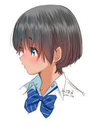  1girl artist_name black_hair blue_bow blue_bowtie blue_eyes blush bob_cut bow bowtie closed_mouth collared_shirt commentary_request cropped_torso dated diagonal-striped_bow dress_shirt from_side looking_to_the_side nose_blush original portrait profile retsumaru school_uniform shirt short_hair signature simple_background solo striped_bow striped_bowtie striped_clothes upper_body white_background white_shirt wing_collar 