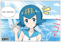  1girl artist_logo artist_name blue_eyes blue_hair blue_sailor_collar border collarbone day devil_jone_qrit dot_nose english_text gold_hairband hairband lana_(pokemon) light_blush lips logo looking_at_viewer ocean outdoors pokemon pokemon_sun_and_moon sailor_collar shirt short_hair sleeveless sleeveless_shirt smile solo speech_bubble summer twitter_username upper_body v-bangs waving wet white_border white_shirt 