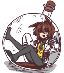  0840gannbru agnes_tachyon_(umamusume) ahoge animal_ears brown_eyes brown_hair commentary_request flask hair_intakes highres horse_ears horse_girl horse_tail lab_coat looking_at_viewer necktie open_mouth pantyhose red_eyes short_necktie simple_background sleeves_past_fingers sleeves_past_wrists sweater sweater_vest tail umamusume white_background wolf_cut yellow_sweater yellow_sweater_vest 